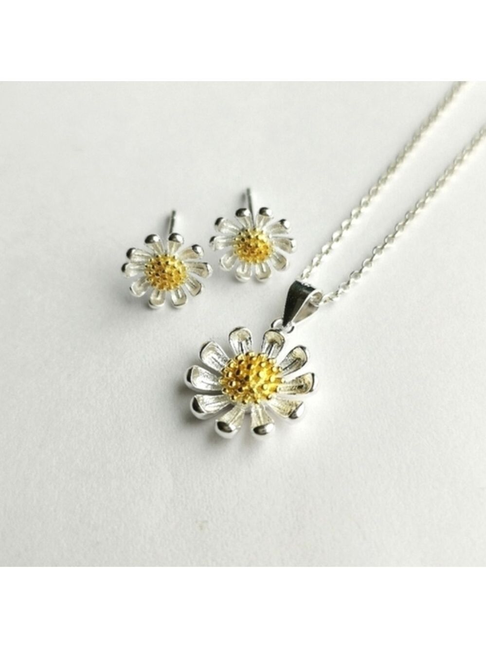 Sterling Silver 14k Gold Daisy Necklace Earring Set